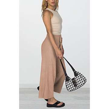 Waitfairy Womens Solid Rib Knit Wide Leg Pants Elastic Waist Flowy Sweater Pants