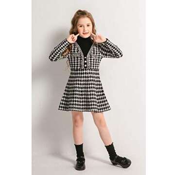 SMILING PINKER Girls Dresses Houndstooth Knitted Sweater Flare Winter Dress Mock Neck