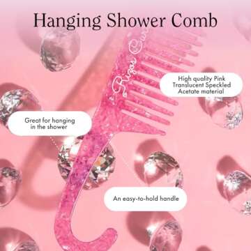 Rizos Curls Hanging Shower Comb, Detangle & Distribute Conditioner In Shower, Gentle On All Curl Types, Easy to Hang & Use, Pink