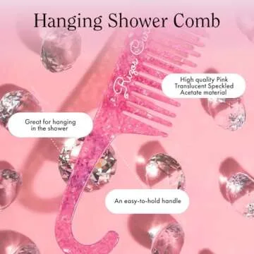 Rizos Curls Hanging Shower Comb, Detangle & Distribute Conditioner In Shower, Gentle On All Curl Types, Easy to Hang & Use, Pink