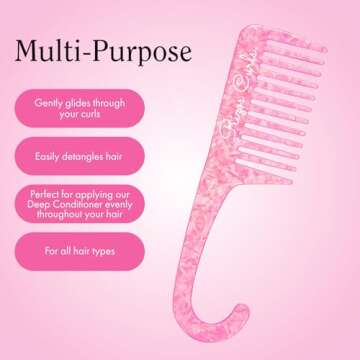 Rizos Curls Hanging Shower Comb, Detangle & Distribute Conditioner In Shower, Gentle On All Curl Types, Easy to Hang & Use, Pink