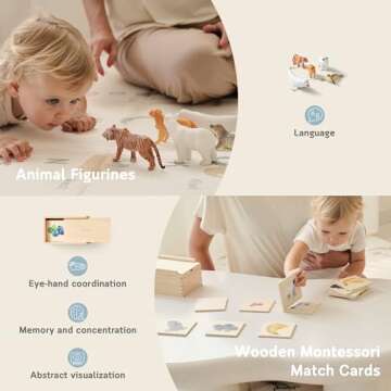 Fortella Montessori Toys for 1 Year Old, 6-in-1 Wooden Learning Educational Box Set with Ball Pounding Bench, Xylophone, Stacking Ring, Animal Figurines, Matching Cards, Developmental Toy Baby Gift