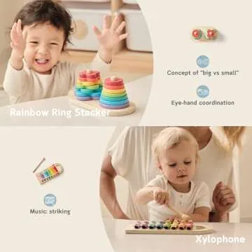 Fortella Montessori Toys for 1 Year Old, 6-in-1 Wooden Learning Educational Box Set with Ball Pounding Bench, Xylophone, Stacking Ring, Animal Figurines, Matching Cards, Developmental Toy Baby Gift