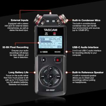 TASCAM DR-05XP 32-Bit Float Portable Handheld Field Recorder and USB-C Audio Interface — Digital Stereo Recording of Music, Sound, Voice, Audio for Video and Podcasting
