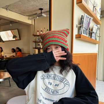 CATMICOO Y2k Beanie Knit Cat Ear Beanies Crochet Hats for Women Red