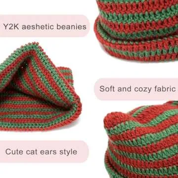 CATMICOO Y2k Beanie Knit Cat Ear Beanies Crochet Hats for Women Red