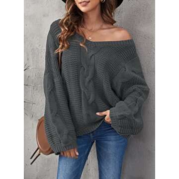 Ecrocoo Fashion Fall Oversized Sweaters for Women 2023 Trendy Casual Loose Fitting Cold Shoulder V Neck Long Sleeve Chunky Cable Knit Sweaters Pullover,Gray XL