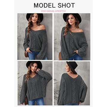 Ecrocoo Fashion Fall Oversized Sweaters for Women 2023 Trendy Casual Loose Fitting Cold Shoulder V Neck Long Sleeve Chunky Cable Knit Sweaters Pullover,Gray XL