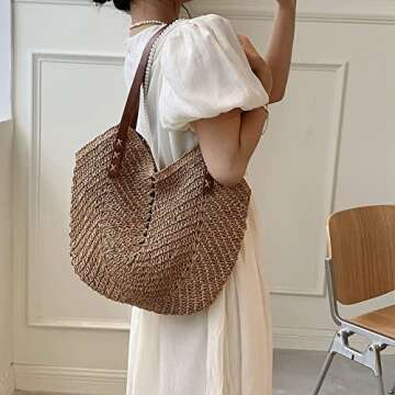 Straw Bag Large Summer Beach Straw Bag for Women Straw Woven Tote Bag Bamboo Purse Wicker Bag Boho Straw Bag
