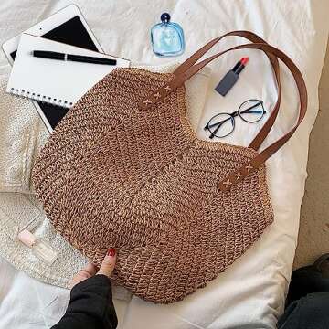 Straw Bag Large Summer Beach Straw Bag for Women Straw Woven Tote Bag Bamboo Purse Wicker Bag Boho Straw Bag
