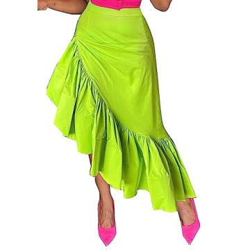 Women Ruched Casual Ruffle Skirt High Waist Summer Solid Color Split Skirts with Zipper