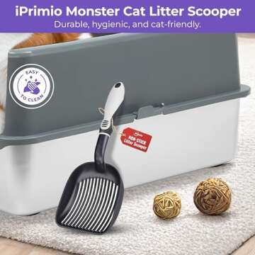 iPrimio Cat Litter Scoop Metal w/ Deep Shovel, Black - Non Stick Plated Aluminum Cat Litter Scooper with Holder - Litter Box Scooper - Metal Cat Litter Scoop - Patented Sifter w/ Holder - Solid Handle