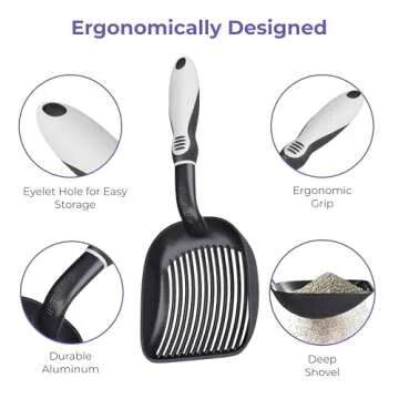 iPrimio Cat Litter Scoop Metal w/ Deep Shovel, Black - Non Stick Plated Aluminum Cat Litter Scooper with Holder - Litter Box Scooper - Metal Cat Litter Scoop - Patented Sifter w/ Holder - Solid Handle