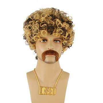 FATMAUI Mens Afro Wig Disco Necklace and Moustach Short Curly Hippie 70s Funny Costume Halloween Wig