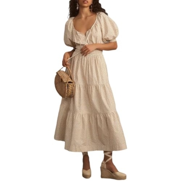 IMISSILLEB Women 2024 Casual Summer Dress Puff Sleeve V-Neck Smocked Elastic Waist Floral Print Midi...