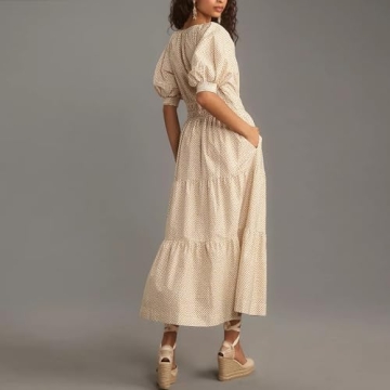 IMISSILLEB Women 2024 Casual Summer Dress Puff Sleeve V-Neck Smocked Elastic Waist Floral Print Midi Dress Tiered Flowy A-Line Sundress (V-Neck Khaki, S)