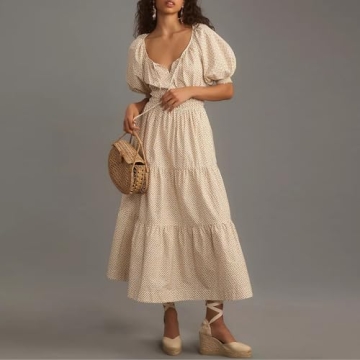 IMISSILLEB Women 2024 Casual Summer Dress Puff Sleeve V-Neck Smocked Elastic Waist Floral Print Midi Dress Tiered Flowy A-Line Sundress (V-Neck Khaki, S)