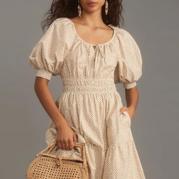 IMISSILLEB Women 2024 Casual Summer Dress Puff Sleeve V-Neck Smocked Elastic Waist Floral Print Midi Dress Tiered Flowy A-Line Sundress (V-Neck Khaki, S)