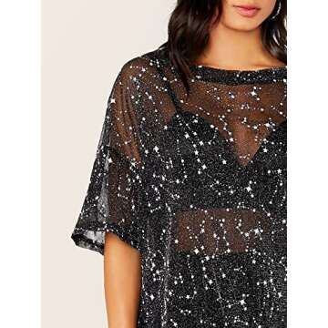 WDIRARA Women's Sheer See Through Short Sleeve Mesh Top Tee Blouse Black Galaxy S