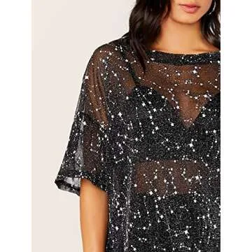 WDIRARA Women's Sheer See Through Short Sleeve Mesh Top Tee Blouse Black Galaxy S