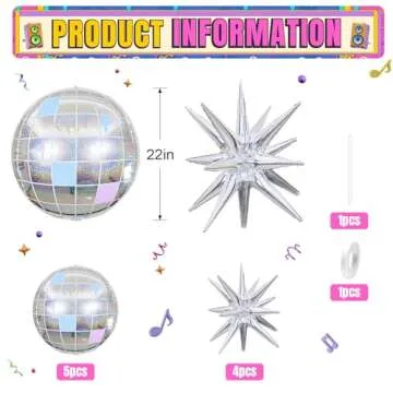 9Pcs Disco Ball Balloons Iridescent,22Inch Glitter Silver 4D Large Foil Disco Balloons with Explosio...