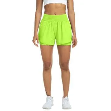 YEZII Womens High Waist Running Shorts Athletic Workout Quick Dry Shorts for Women with Pockets Gym Yoga White Summer Shorts Green Citrine-M