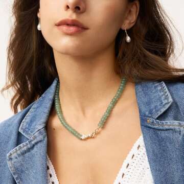 Green Aventurine Gemstone Beaded Choker Necklace for Women 14K Gold Bow Birthstone Beads Chokers