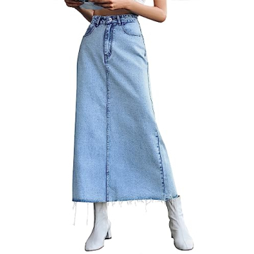 MISS MOLY Women's Stretch Denim Skirt - High Waist, Frayed Hem, Light Blue