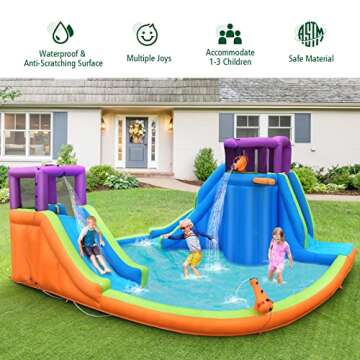 BOUNTECH Inflatable Water Slide Park, 15x14.5FT Mega Kids Waterslide Outdoor w/Dual Slides&Climbing for Racing Fun, Splash Pool, Blow up Water Slides Inflatables for Big Kids Backyard Party Gifts