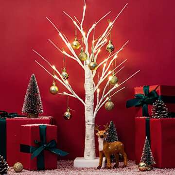 Set of 2 JACKYLED 28 LED 2FT White Birch Tree Light with Battery Operated, White Artificial Lighted ...