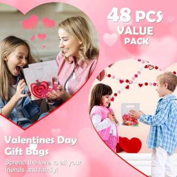 48Pcs Valentines Day Gifts Bags for Kids, Valentines Day Candy Treat Bags for Kids, Valentines Day Goodie Bags for Kids School Classroom Exchange Valentines Party Favor Cellophane Valentines Goody Bag