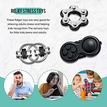 Gejoy 3 Pcs Fidget Toys Adults Set Handheld Fidgets Controller Pad Game Six Roller Chain Key Flippy Chain Autism Sensory for ADHD Add OCD Autism Anxiety Stress Relief Teen Kids(Black)