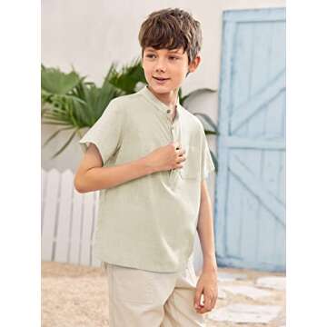 Inorin Boys Button Up Henley Shirt Short Sleeve Lightweight Summer Linen Cotton Dress Shirts Tees To...