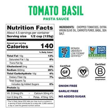 Fody Foods Tomato Basil Pasta Sauce, 19.4 Ounces, Low Fodmap Certified, Sensitive Recipe & Gut Frien...