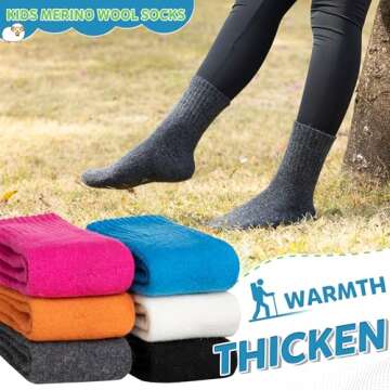 WEVIAS Kids Merino Wool Hiking Socks Boys Thermal Winter Cozy Boot Warm Cushion Socks 6 Pairs (Orange/Rose Red/Blue, 13-15 Years)