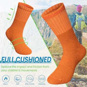 WEVIAS Kids Merino Wool Hiking Socks Boys Thermal Winter Cozy Boot Warm Cushion Socks 6 Pairs (Orange/Rose Red/Blue, 13-15 Years)