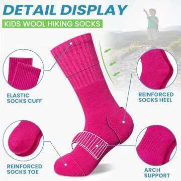 WEVIAS Kids Merino Wool Hiking Socks Boys Thermal Winter Cozy Boot Warm Cushion Socks 6 Pairs (Orange/Rose Red/Blue, 13-15 Years)