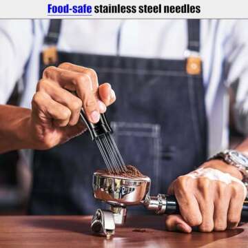 WDT Tool - 0.35mm Espresso Distribution Tool, 304 Stainless Steel 9 Installed Needles + 8 Extra Needles + Storage Tube, Anodized Aluminum Handle with Stand (Black) - Coffee Stirrer, Tamper Accessories