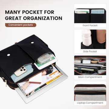 LOVEVOOK Laptop Bag for Women, 15.6 inch Large Capacity Computer Briefcase Case, Crossbody Messenger Shoulder Bag, Office Business Work Tote Bags Purse for Travel Gifts, Brown-black