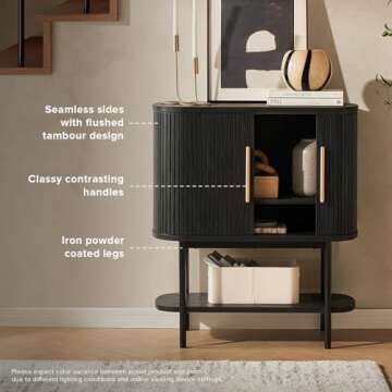 mopio Quin Storage Cabinet, Tambour Fluted Entryway Accent Sofa Tables, Buffet Sideboard with Doors & Shelves, Pantry Coffee Wine Bar Cabinet, Wood Console Table, Mid Century Modern (Black)