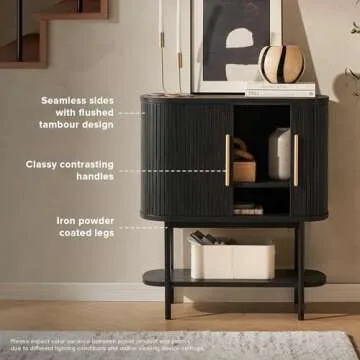 mopio Quin Storage Cabinet, Tambour Fluted Entryway Accent Sofa Tables, Buffet Sideboard with Doors & Shelves, Pantry Coffee Wine Bar Cabinet, Wood Console Table, Mid Century Modern (Black)