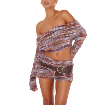 Molilove Womens 2 Piece Outfits Sweater Sets Long Sleeve Off Shoulder Knit Crop High Elastic Shorts ...