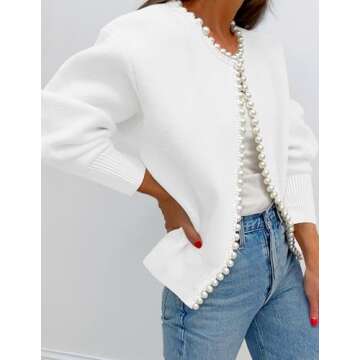 ZESICA Women's Open Front Cardigan Sweater Casual Knitted Long Sleeve Pearls Trim Outerwear Coat Tre...