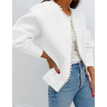 ZESICA Women's Open Front Cardigan Sweater Casual Knitted Long Sleeve Pearls Trim Outerwear Coat Tre...