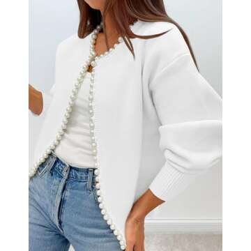 ZESICA Women's Open Front Cardigan Sweater Casual Knitted Long Sleeve Pearls Trim Outerwear Coat Trendy Clothes,White,Medium