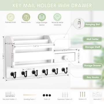 VIS'V Key Holder Wall Mount, Wooden Key Mail Holder with Drawer Key Organizer Mail Sorter with 6 Key Hooks Key Rack with Shelf for Entryway Doorway Hallway White
