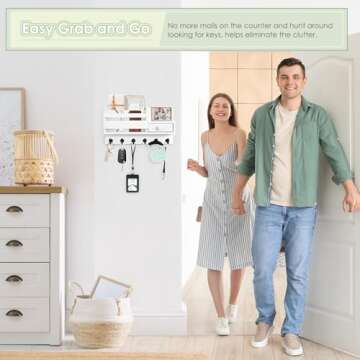 VIS'V Key Holder Wall Mount, Wooden Key Mail Holder with Drawer Key Organizer Mail Sorter with 6 Key Hooks Key Rack with Shelf for Entryway Doorway Hallway White