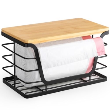 ALOCEO Small Trash Bag Holder with Bamboo Top, Wall Mount Stackable Standard Garbage Bag Dispenser f...