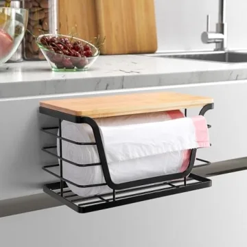 ALOCEO Small Trash Bag Holder with Bamboo Top, Wall Mount Stackable Standard Garbage Bag Dispenser for Laundry Room Organization and Storage