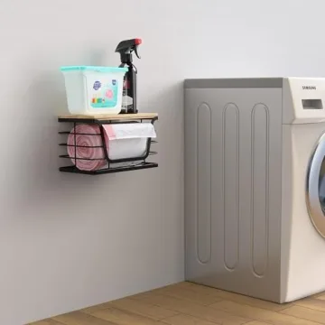 ALOCEO Small Trash Bag Holder with Bamboo Top, Wall Mount Stackable Standard Garbage Bag Dispenser for Laundry Room Organization and Storage